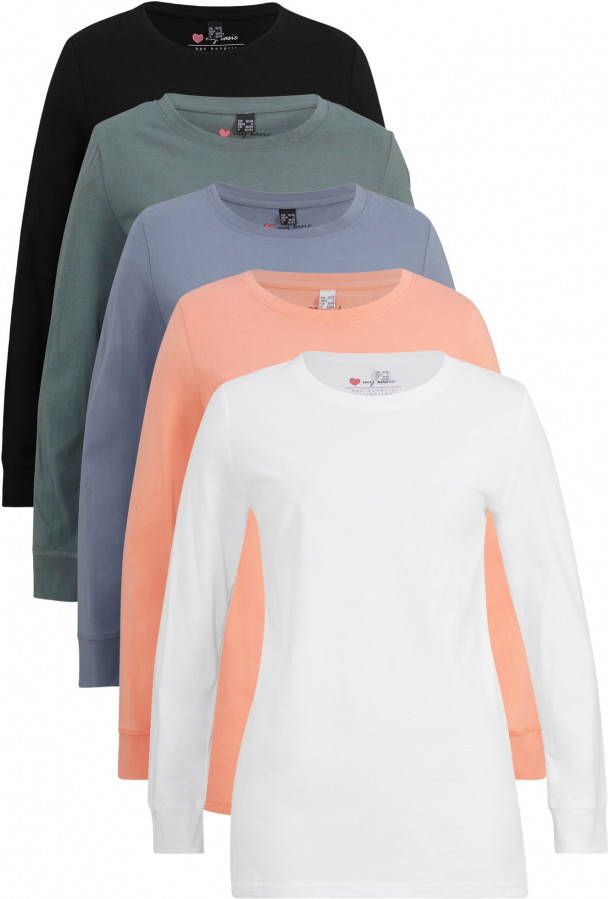 bonprix Longshirt met ronde hals, lange mouw(set van 5 )
