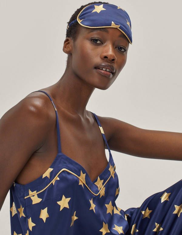 boohoo 3 Delige Satijnen Sterren Pyjama Set, Navy