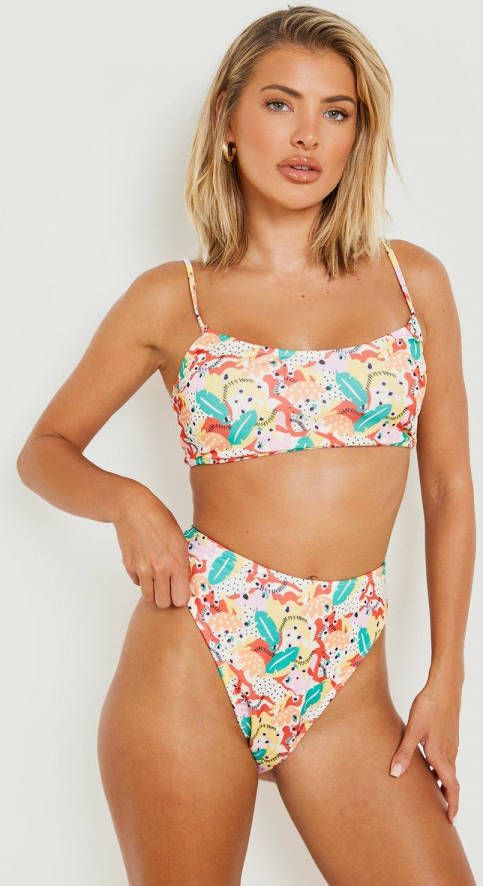 boohoo Abstracte High Waist Bikini Set Met Lage Ronde Hals, Yellow