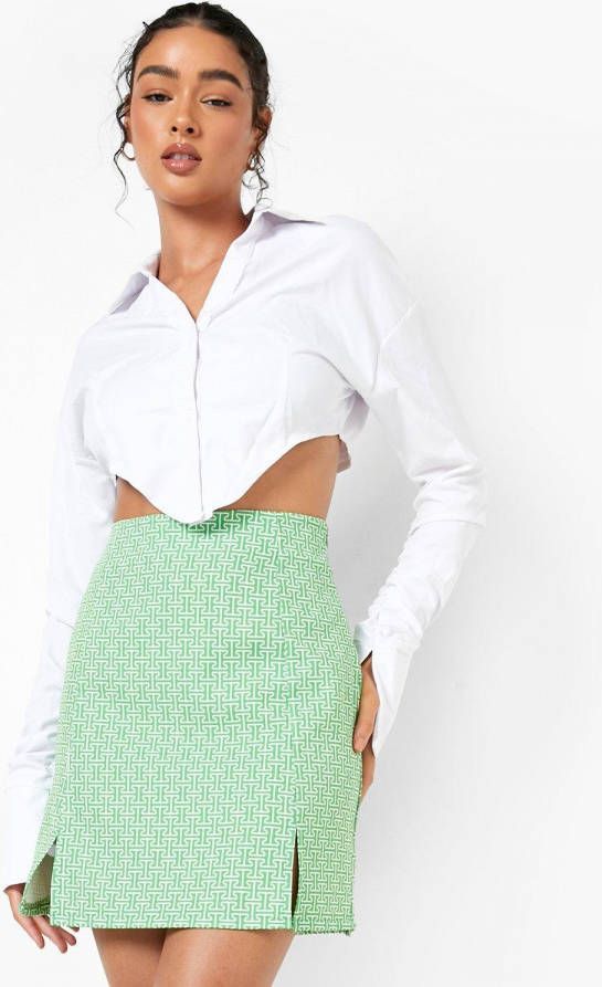 boohoo Aztec Print Mini Rokje Met Split, Green