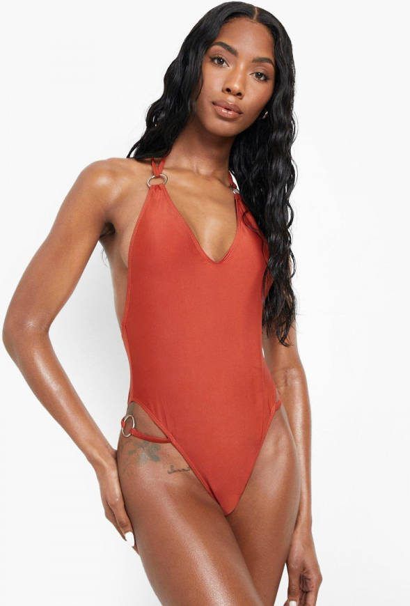 boohoo Badpak Met Bandjes, Laag Decolleté, En O Ring, Brown