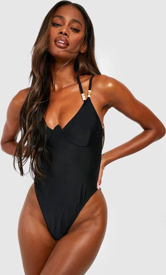boohoo Badpak Met Beugel, Bandjes En Houten Kraaltjes, Black