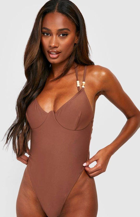 boohoo Badpak Met Beugel, Bandjes En Houten Kraaltjes, Chocolate
