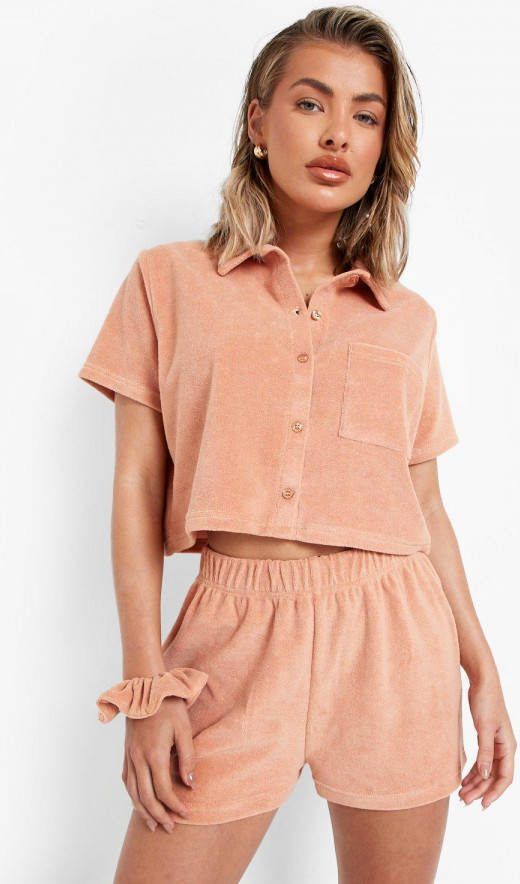 boohoo Badstoffen Strand Blouse Met Zakken, Mocha