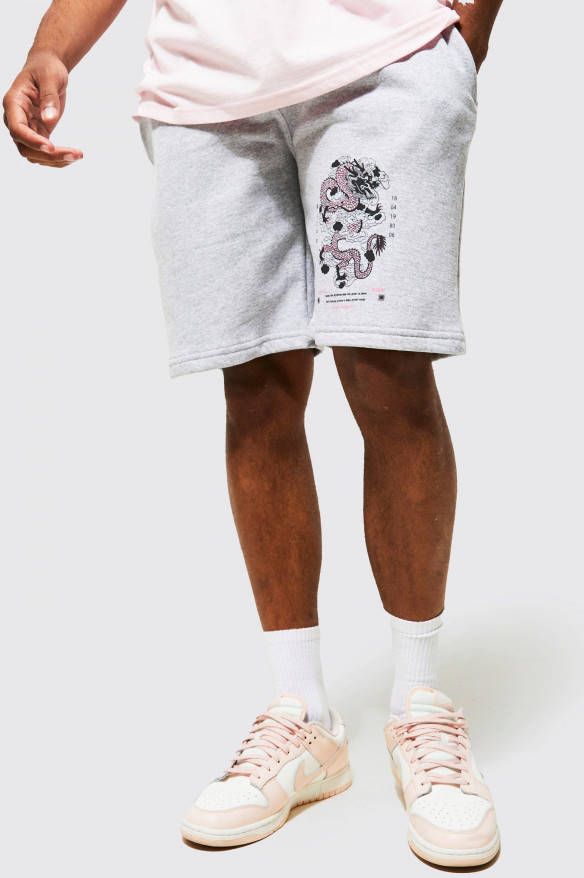 boohoo Baggy Jersey Dragon Shorts Met Print, Grey Marl