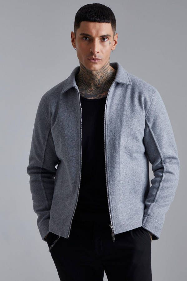 boohoo Baggy Melton Harrington Jas Met Mouwen En Naaddetail, Grey Marl