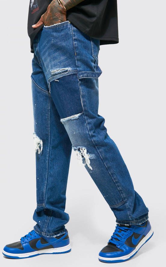 boohoo Baggy Rip & Repair Utility Jeans, Mid Blue