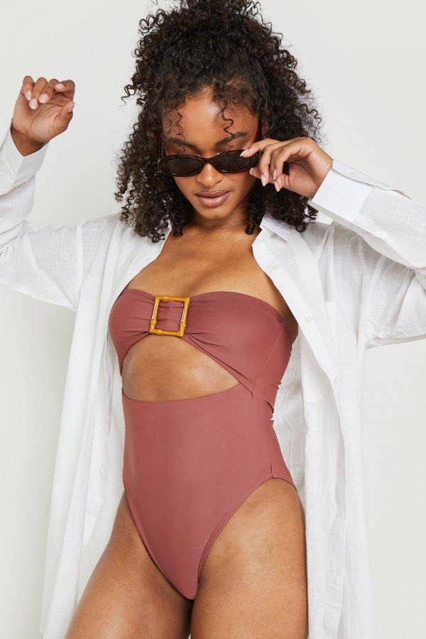 boohoo Bandeau Cut Out Badpak Met Houten Zoom, Chocolate