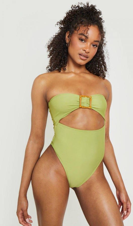 boohoo Bandeau Cut Out Badpak Met Houten Zoom, Olive