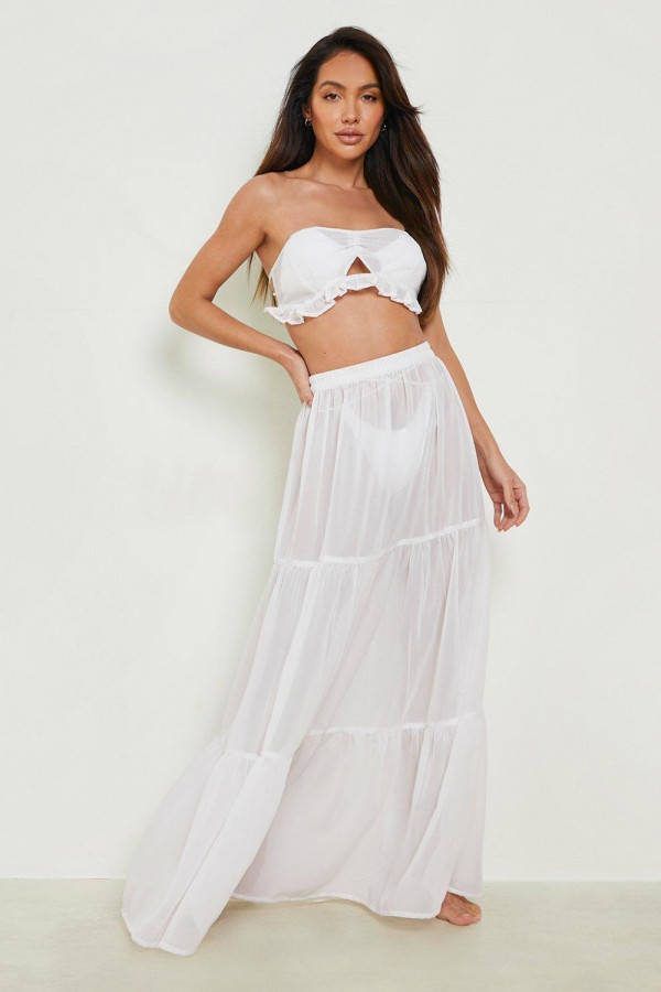 boohoo Bandeau Top En Maxi Rok Strand Set, White