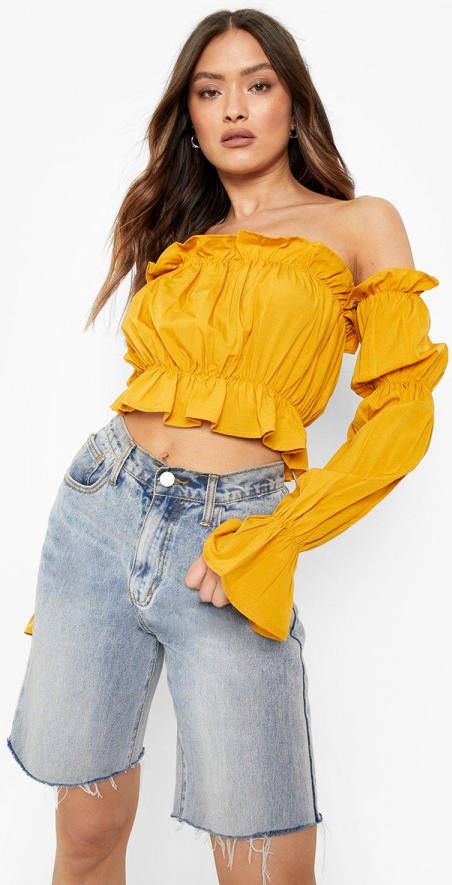 boohoo Bardot Top Met Volle Mouwen, Mustard