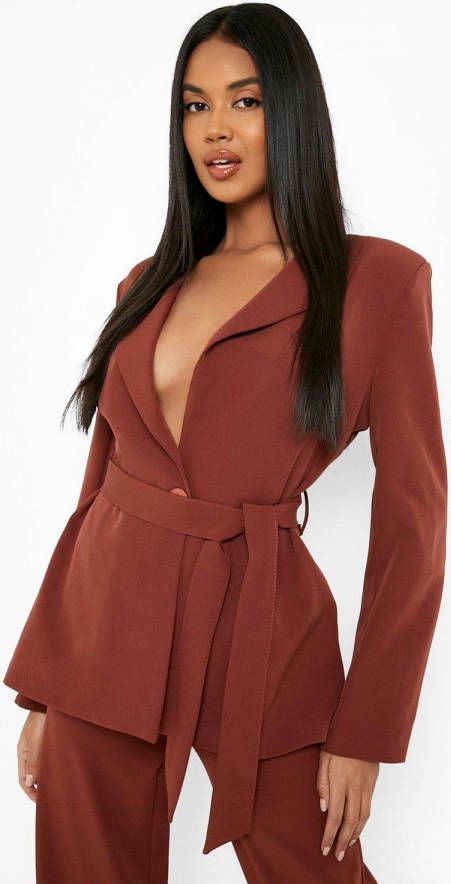 boohoo Blazer Met Ceintuur En Enkele Rij Knopen, Chocolate