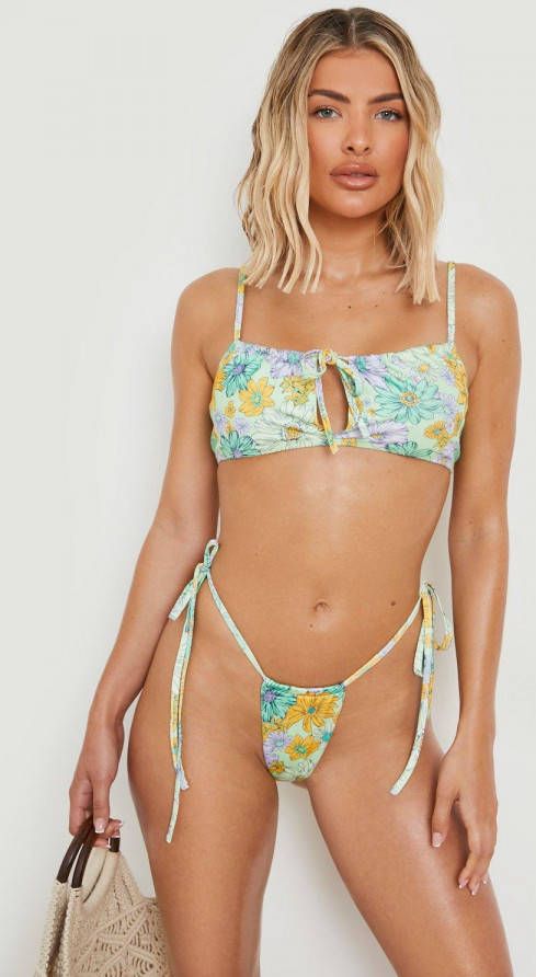boohoo Bloemen Bikini Broekje Met Zijstrikjes, Mint
