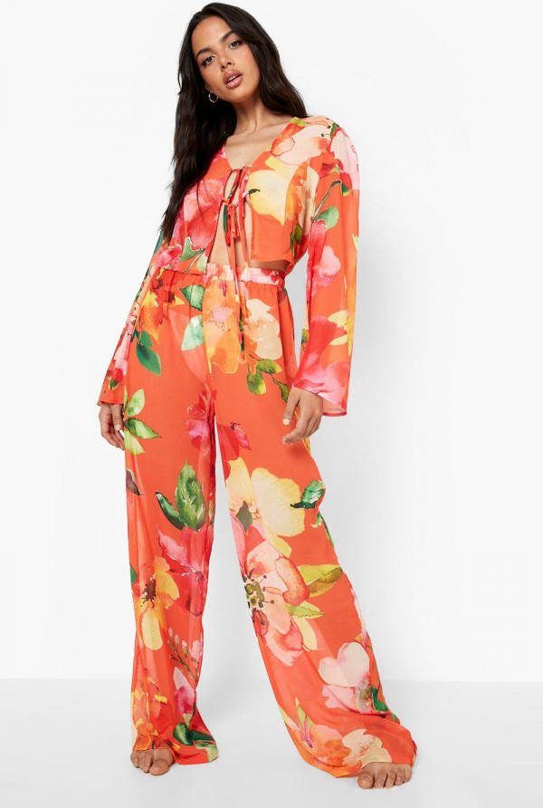 boohoo Bloemen Broek Met Wijde Pijpen, Red