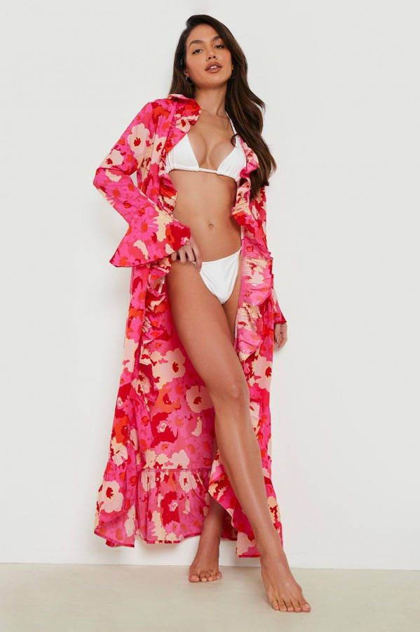 boohoo Bloemen Maxi Strand Kimono Met Ruches, Pink