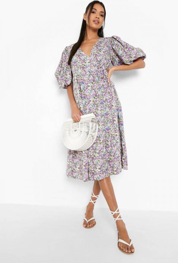 boohoo Bloemen Midi Wikkel Jurk Met Pofmouwen, Purple