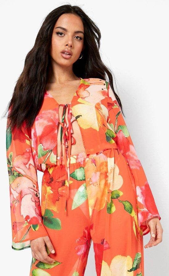 boohoo Bloemen Overhemd Met Strik, Red