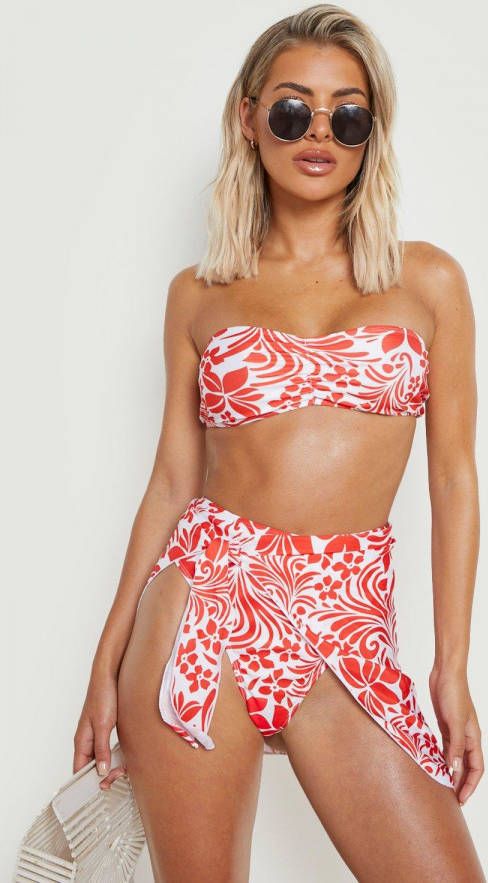 boohoo Bloemen Strand Sarong Rok Met Ceintuur, Red
