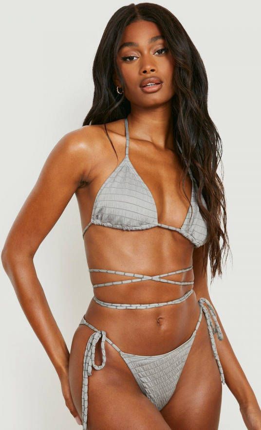 boohoo Breed Geribbeld Bikini Broekje Met Textuur En Zijstrikjes, Grey