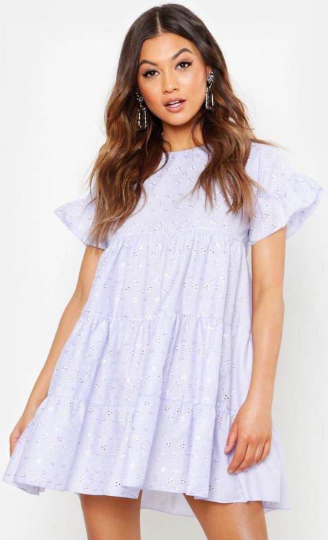 boohoo Broderie Anglaise Gesmokte Jurk, Lila
