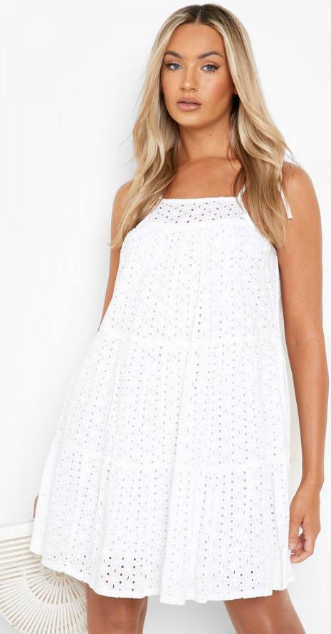 boohoo Broderie Midi Jurk Met Laagjes, White