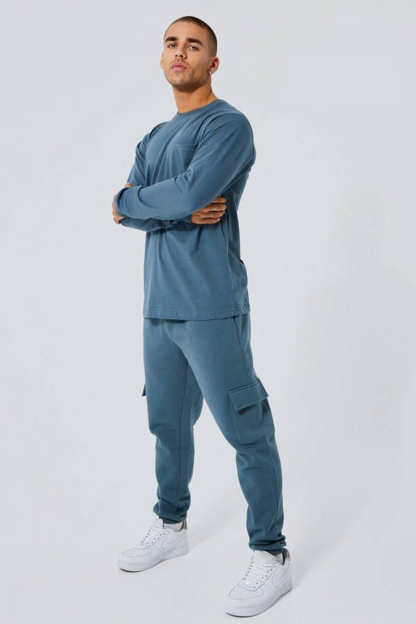 boohoo Cargo T Shirt Met Lange Mouwen En Joggingbroek Set, Slate Blue