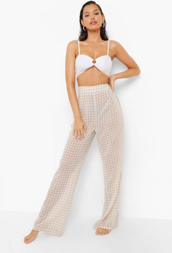 boohoo Chiffon Gingham Strand Broek, Sand