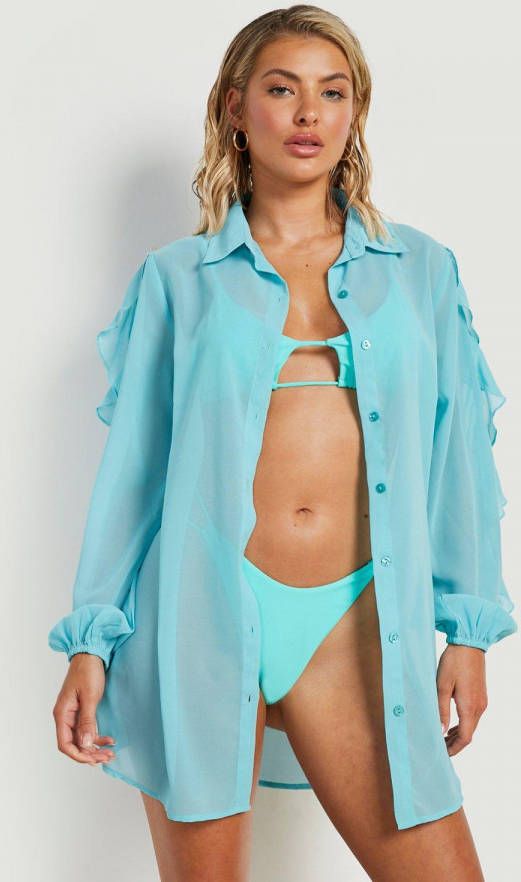 boohoo Chiffon Strand Blouse Met Ruches, Turquoise