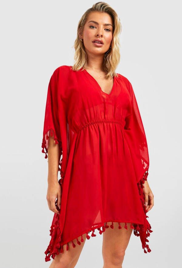 boohoo Chiffon Strand Kaftan Met Kwastjes En Laag Decolleté,, Red