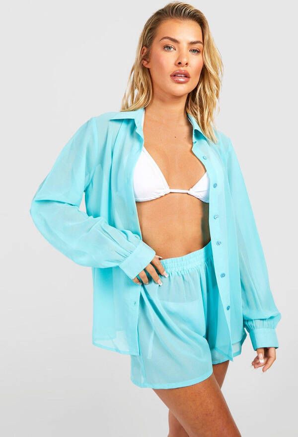boohoo Chiffon Strand Set Met Overhemd En Shorts, Turquoise