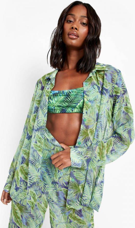 boohoo Chiffon Tropicana Strand Blouse, Green
