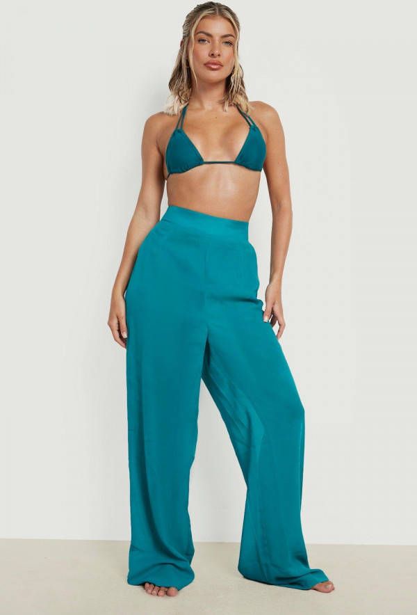 boohoo Chiffon Wide Leg Strand Broek, Teal