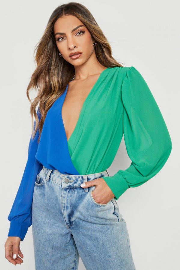 boohoo Colour Block Wikkel One Piece, Blue