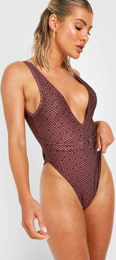 boohoo Contrasterend Geo Print Badpak Met Laag Decolleté, En Ceintuur, Brown