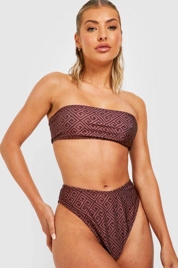 boohoo Contrasterende Bandeau Geo Print High Waist Bikini Set, Brown