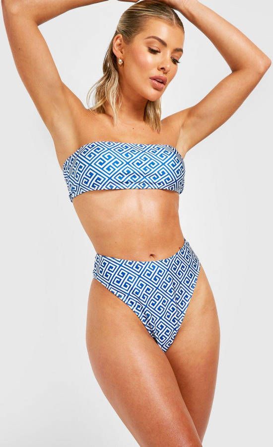 boohoo Contrasterende Bandeau Geo Print High Waist Bikini Set, Cobalt