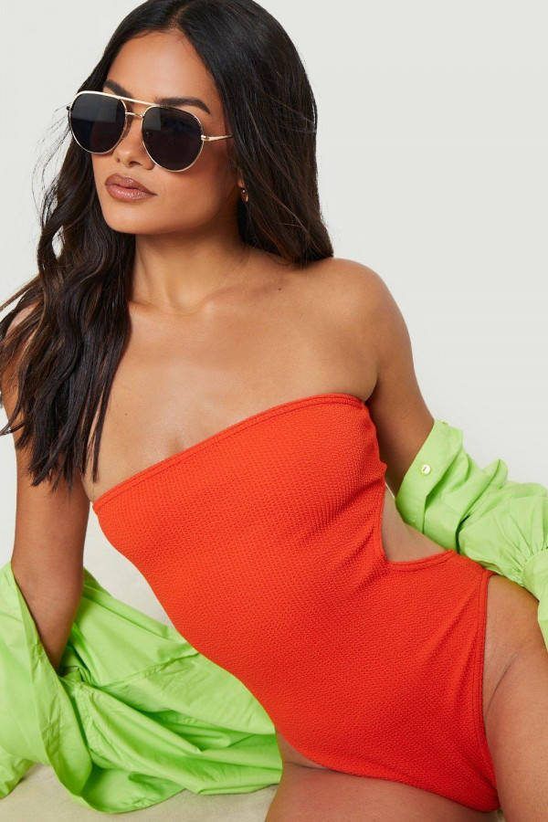 boohoo Crinkle Bandeau Cut Out Bathing Suit, Red