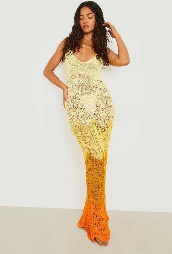 boohoo Gehaakte Contrasterende Strand Jurk Met Geribbelde Zoom En Lage Ronde Hals, Yellow