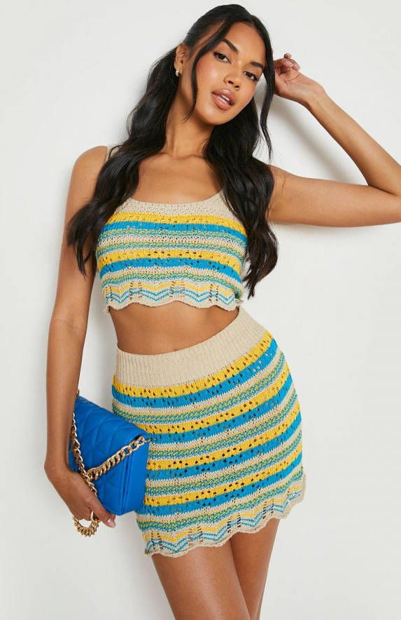 boohoo Gestreepte Gehaakte Crop Top En Mini Rokje Strand Set, Yellow