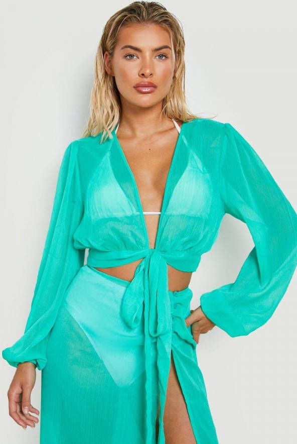 boohoo Doorschijnende Wikkel Strand Top Met Textuur, Green