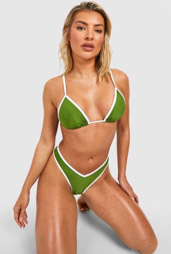 boohoo Driehoekige Hipster Bikini Set Met Contrasterende Stiksels, Green Olive