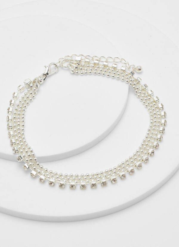 boohoo Dubbel Enkelkettinkje Met Steentjes, Silver
