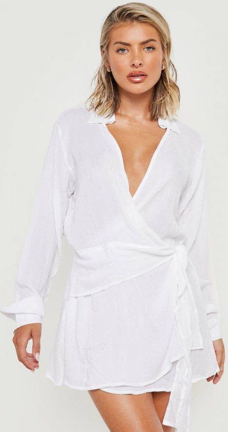 boohoo Duurzame Gekreukelde Geknoopte Wikkel Strand Jurk Met Strik, White