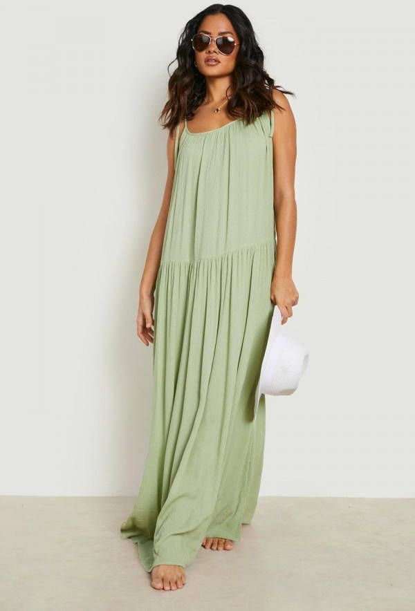 boohoo Duurzame Gekreukelde Maxi Strand Jurk Met Bandjes, Green