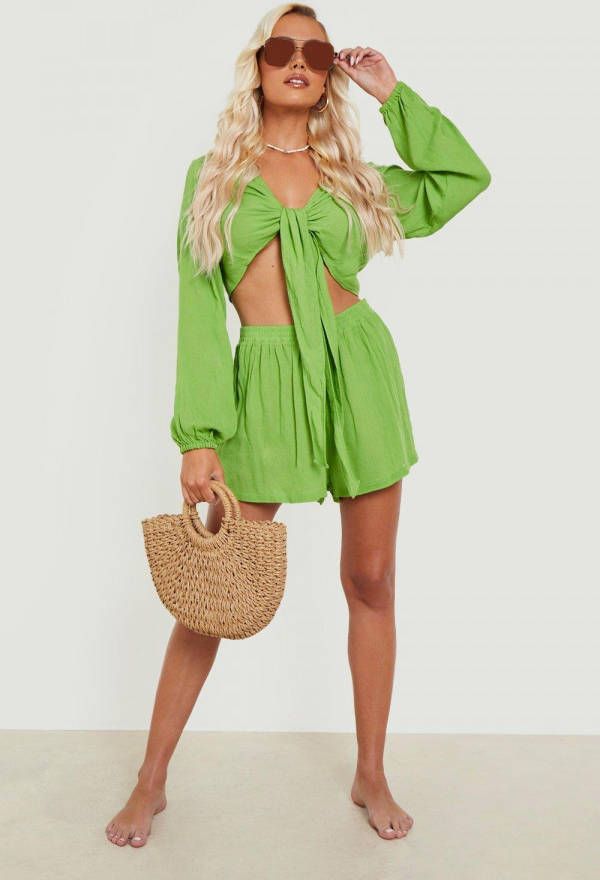 boohoo Duurzame Gekreukelde Top En Shorts Strand Set, Olive