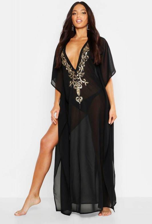 boohoo Versierde Maxi Strand Kaftan, Black