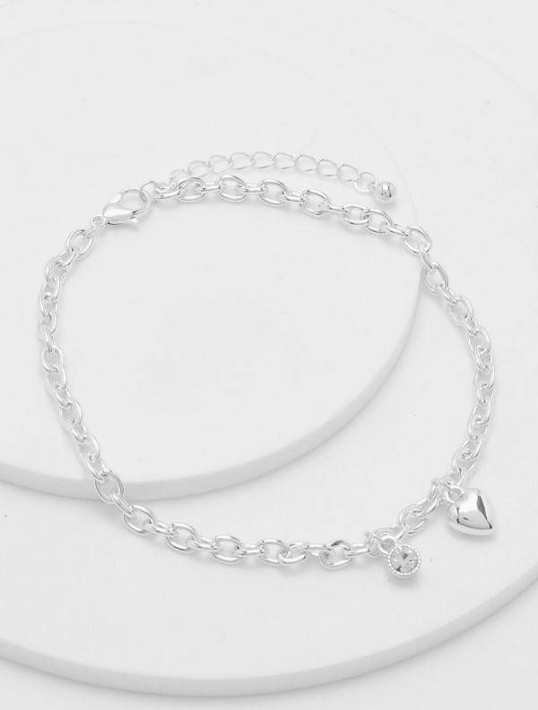 boohoo Enkelkettingkje Met Steentjes En Hartjes, Silver