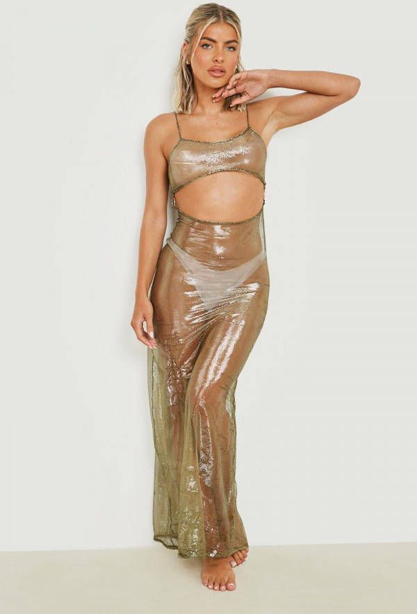 boohoo Fishnet Glitter Cut Out Midaxi Strand Jurk, Charcoal