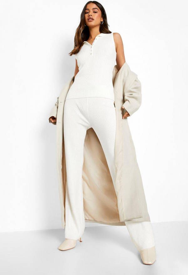 boohoo Gebreide Set Met Top Met Polo Kraag En Wide Leg Joggingbroek, Cream