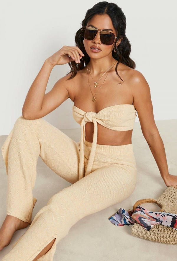 boohoo Gehaakte Bandeau Top Met Strik En Broek Strand Set, Cream